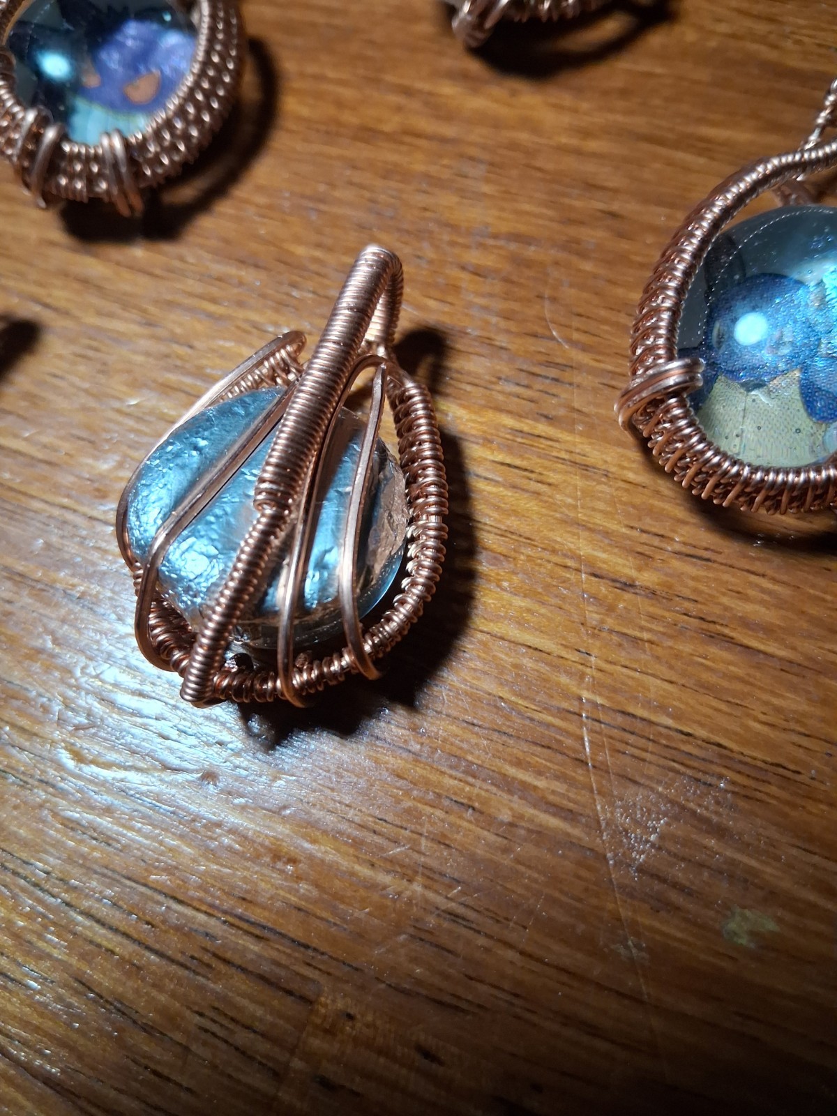 Handcrafted Copper Wire Wrapped Oval Pendant Cord Necklace Art