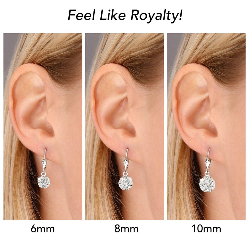 925 Solid Sterling Silver Sparkle Crystal Ball Dangle Hoops Earrings All Size
