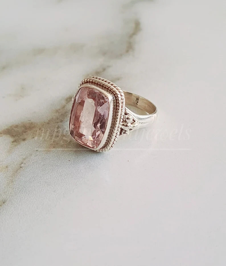 Rose Quartz Ring 925 Sterling Silver Band& Statement Handmade All Size