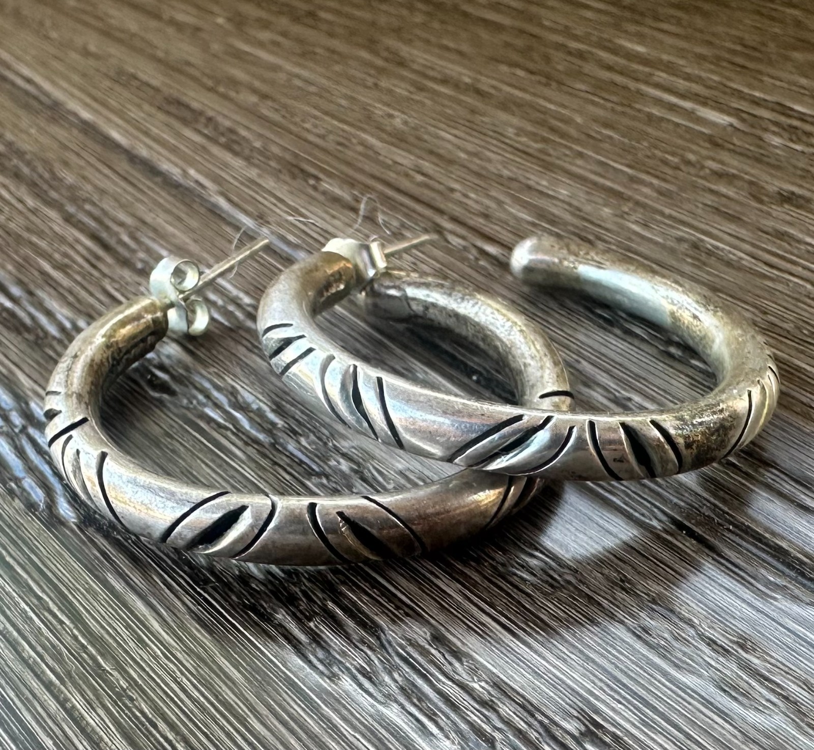 Signed MWS Mexico Hoop Earrings 925 Large Etched Hoops Sterling Silver 925 #10