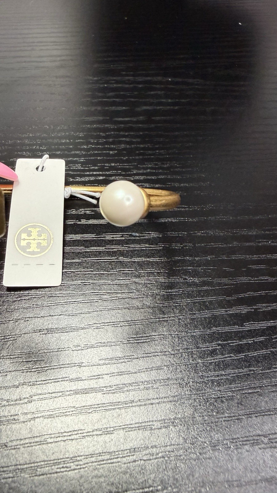 Tory Burch Gold Tone Stackable Cuff Bracelet w/ Round White Pearl Signed