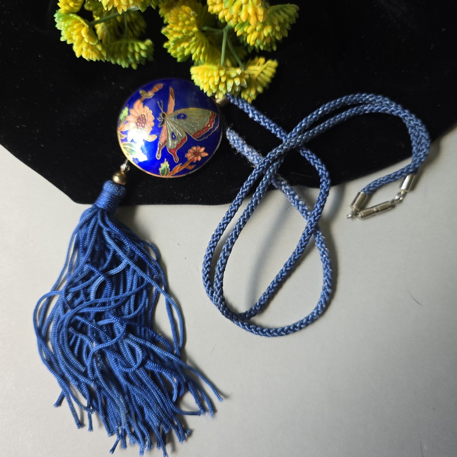 Vintage Asian Cloisonne Butterfly Tassel Pendant Blue Cord Necklace 28″L