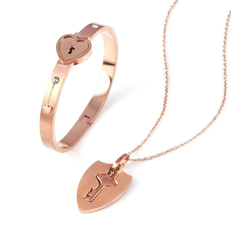 OurCoordinates Heart Lock Bracelet & Key Necklace Jewelry Set