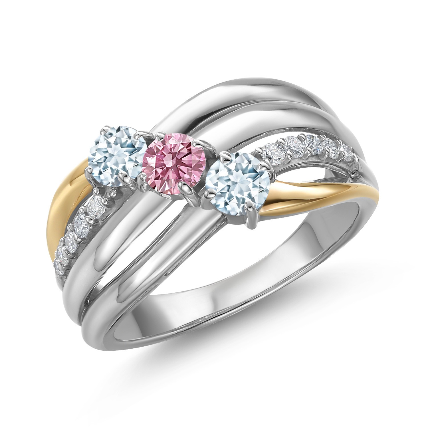 925 Silver and 10K Yellow Gold Aquamarine and Pink Lab Grown Diamond Engagement
