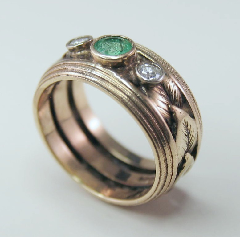 Vintage 14k Gold 1 Emerald 2 Diamond Leaf Die-Struck Size 4.5 Ring 6.7g HEAVY!