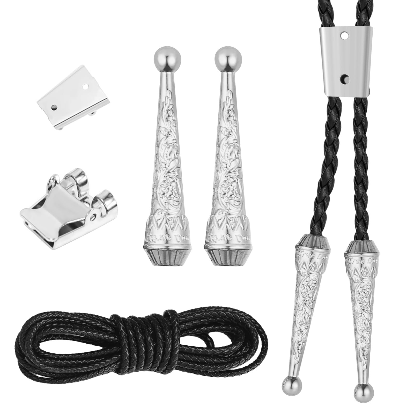 CNDNO 5PCS Bolo Tie Kit with Two Pendants, Durable 37.4 inches, Black, Silver