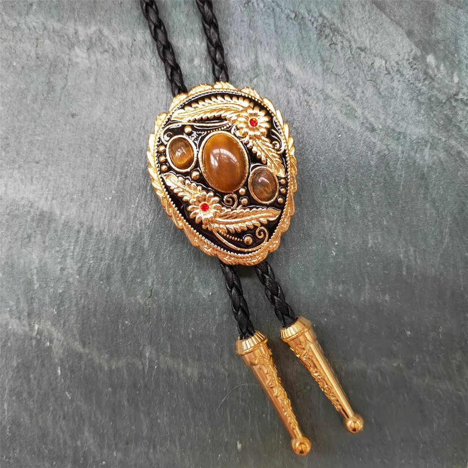 3 Tigers Eye Stone Men Bolo Tie Wedding Necklace Western Cowboy Necktie vintage