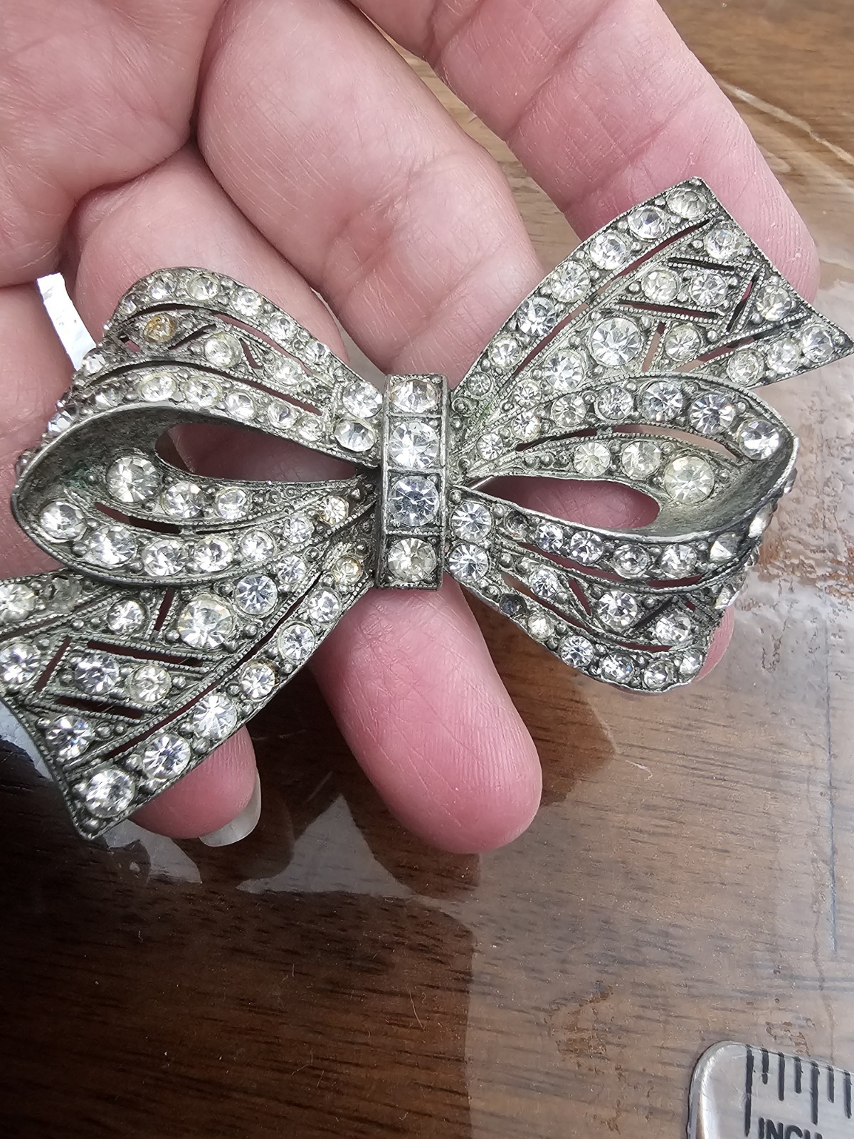 Vintage 1930s Art Deco Pot Metal Rhinestone Bow Brooch Pin Unsigned Beauty⁹