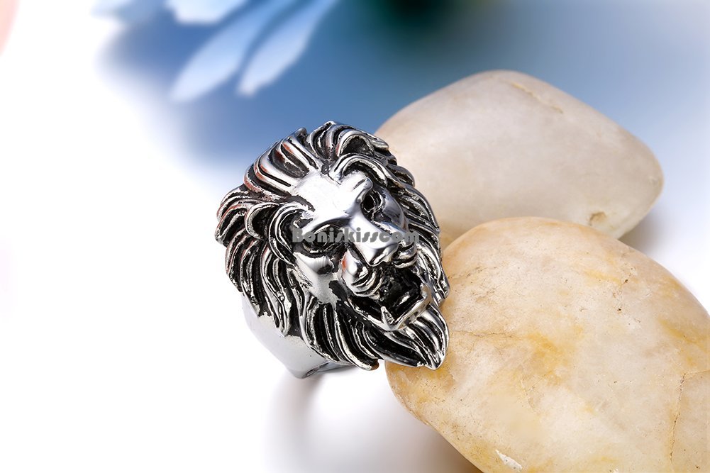 Biker Men’s Vintage Casting Black Silver Stainless Steel Lion Head Ring Band