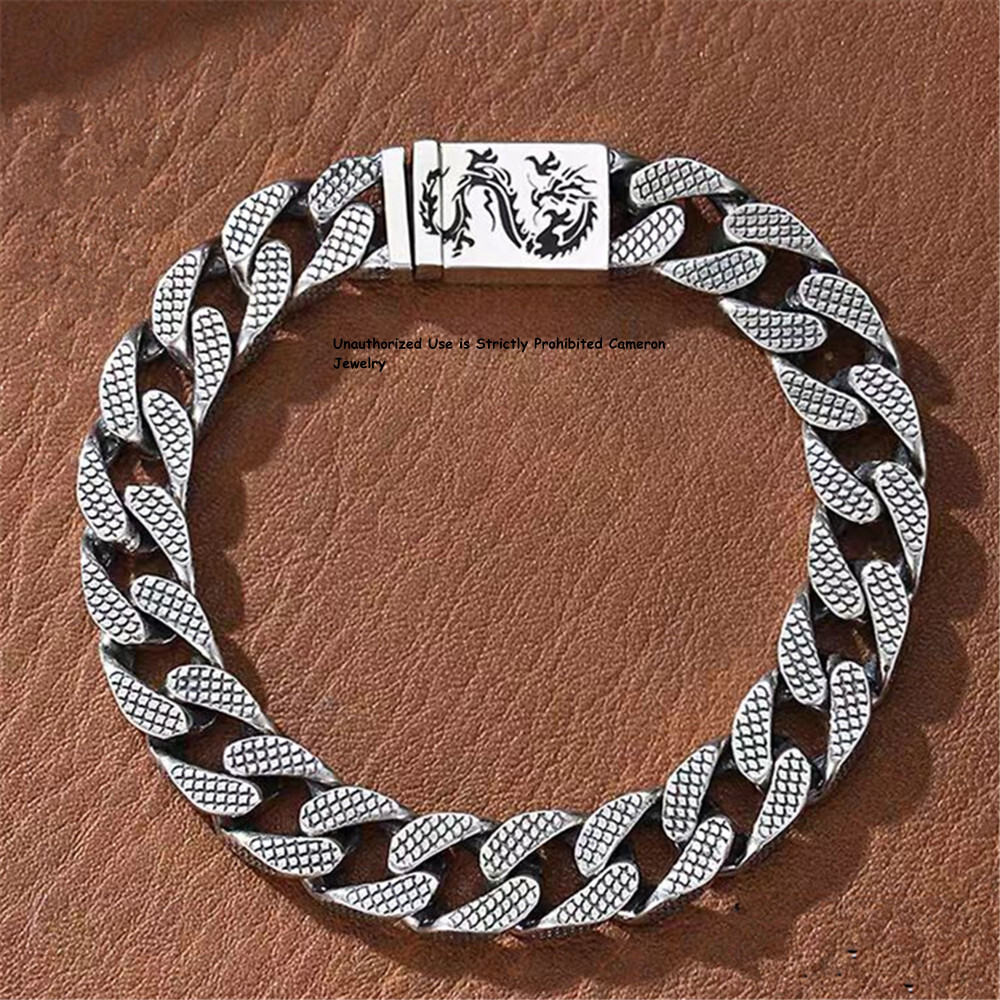 Pure S925 Sterling Silver Chain 9mm Dragon Pattern Curb Link Bracelet 7in-9in