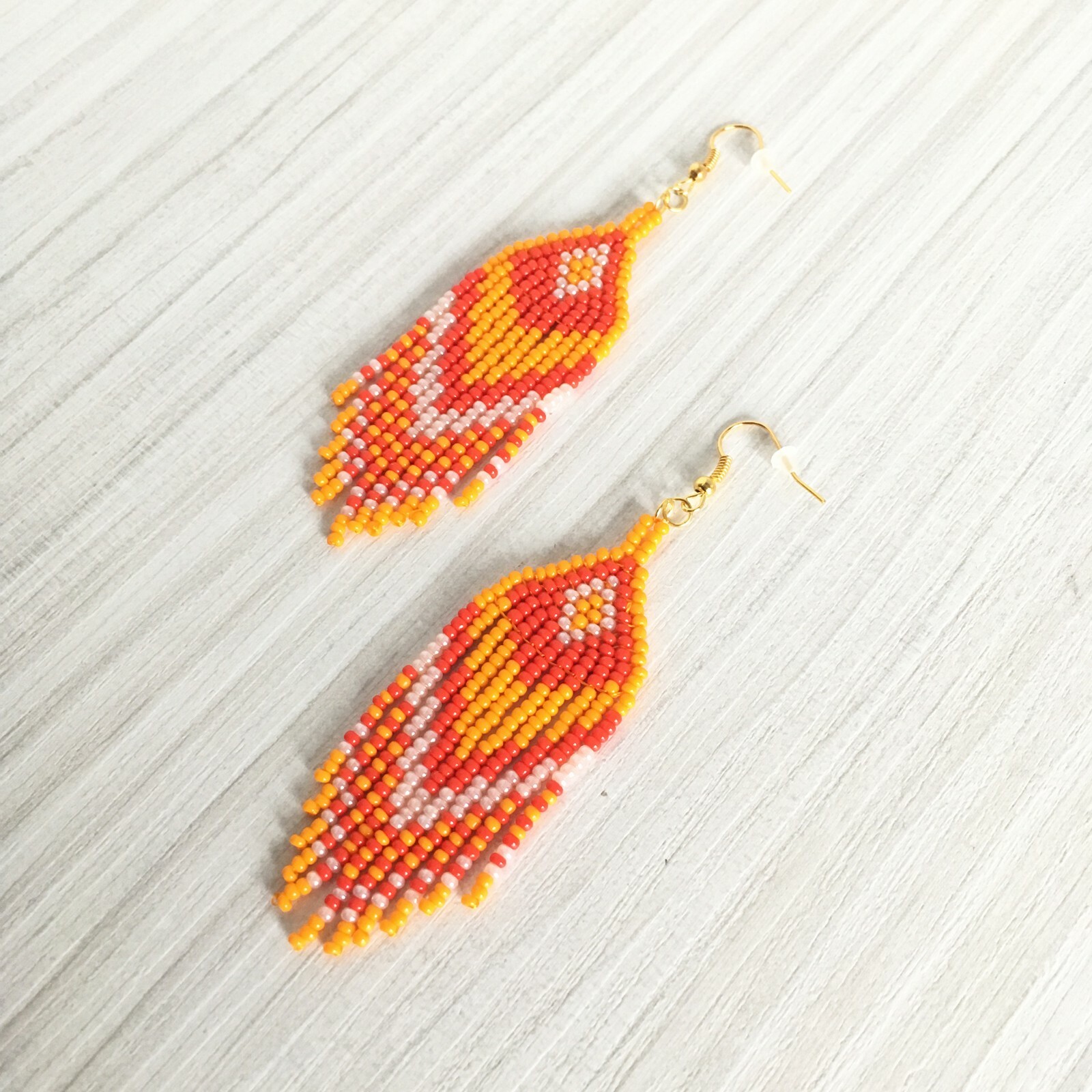 Orange red beaded earrings, Halloween seed bead earrings with fringe