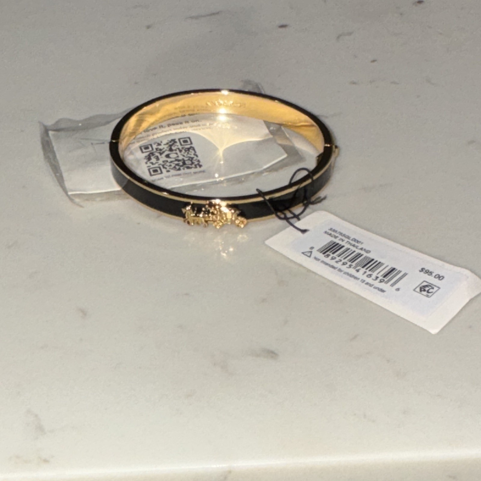 COACH Black Enamel Gold Tone Bangle Cuff Bracelet w/ Horse & Carriage Charm