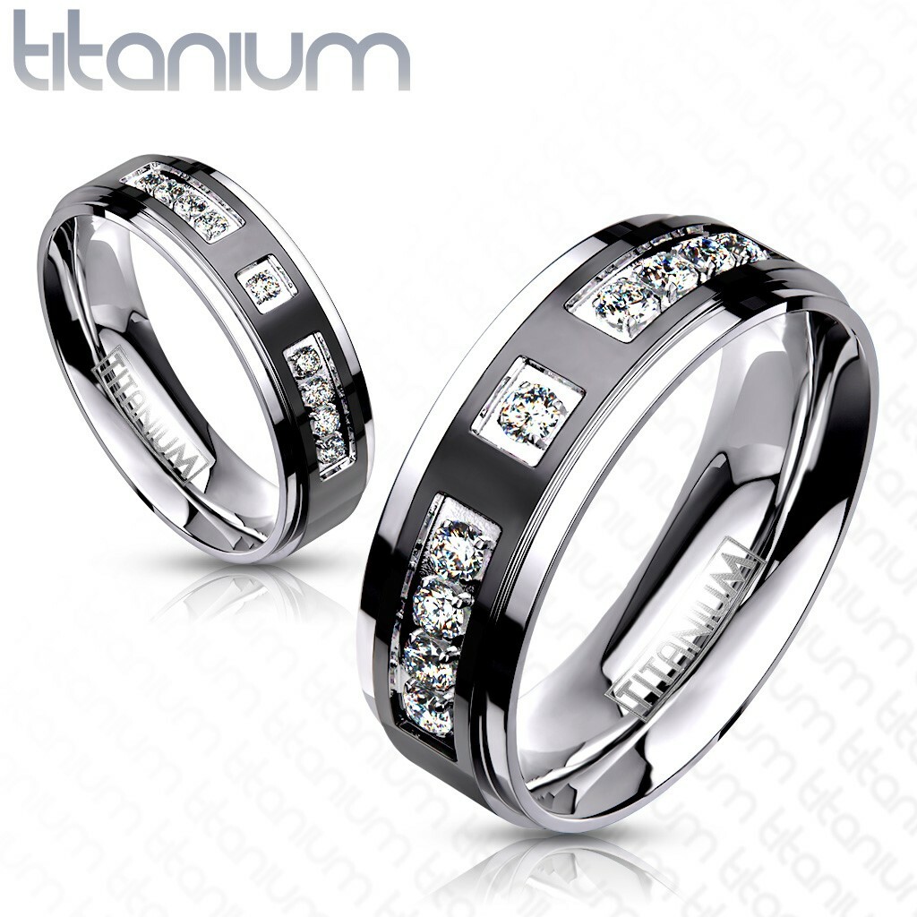 Titanium Men’s Ring with Black Striped and Multi-CZ Wedding Band Ring with Box