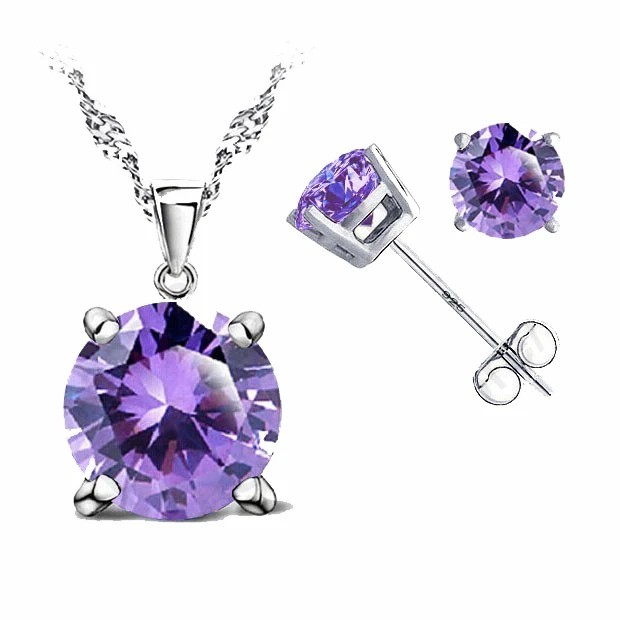 925 Sterling Silver Cubic Zirconia Jewelry Set Stud Earrings Necklace 8 Colors