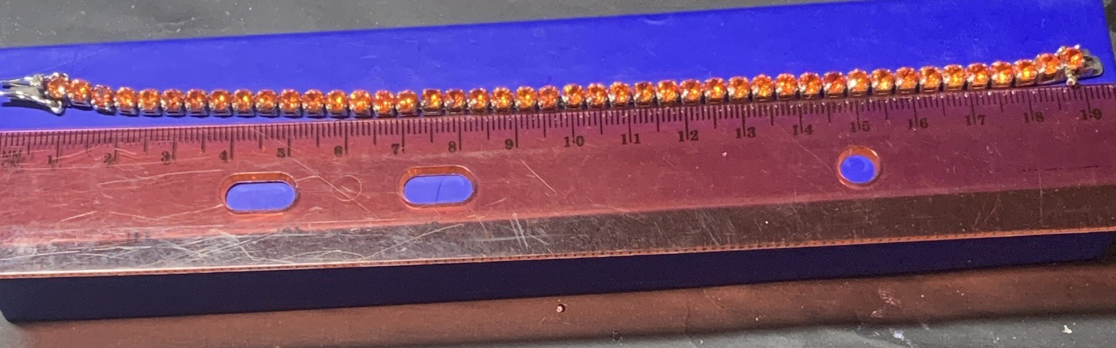 Silver Tone Orange Round Stone Tennis Bracelet 7.5in Box Clasp