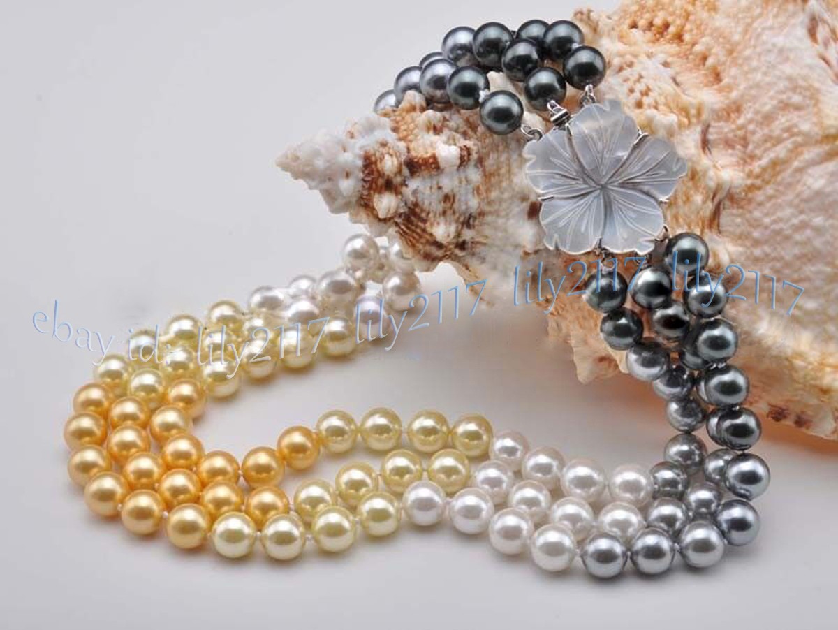 3 Rows Multicolor South Sea Shell Pearl Imitation Pearl Round Beads Necklace