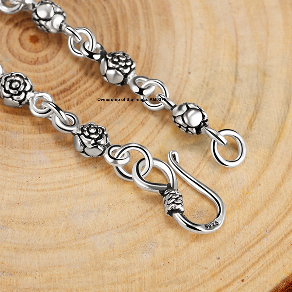 Gift-Ready Pure 925 Sterling Silver ROLO Chain Bracelet with Rose Pattern Beads