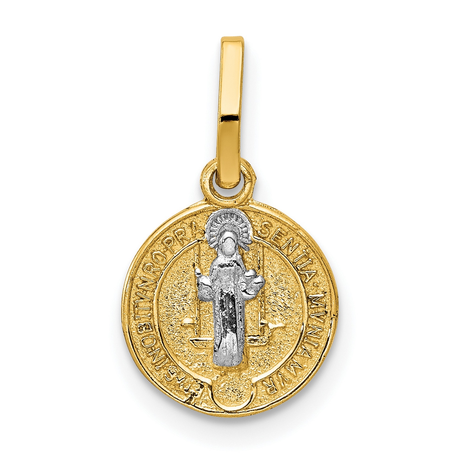 Saint Benedict and Words on Miniature Medal Pendant in Real 14k Two-Tone Gold