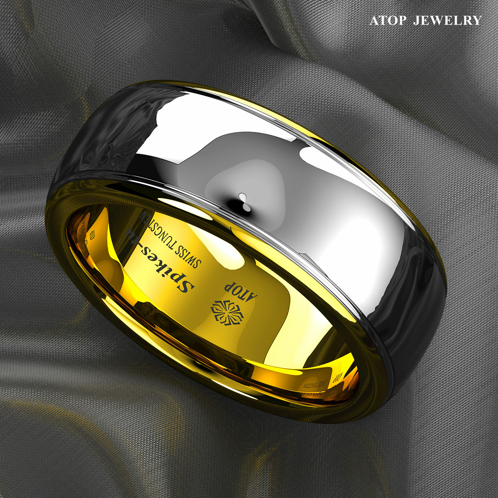 ATOP 8/6mm Silver Dome 18K Gold Tungsten Carbide Ring Band for Men Wedding Ring