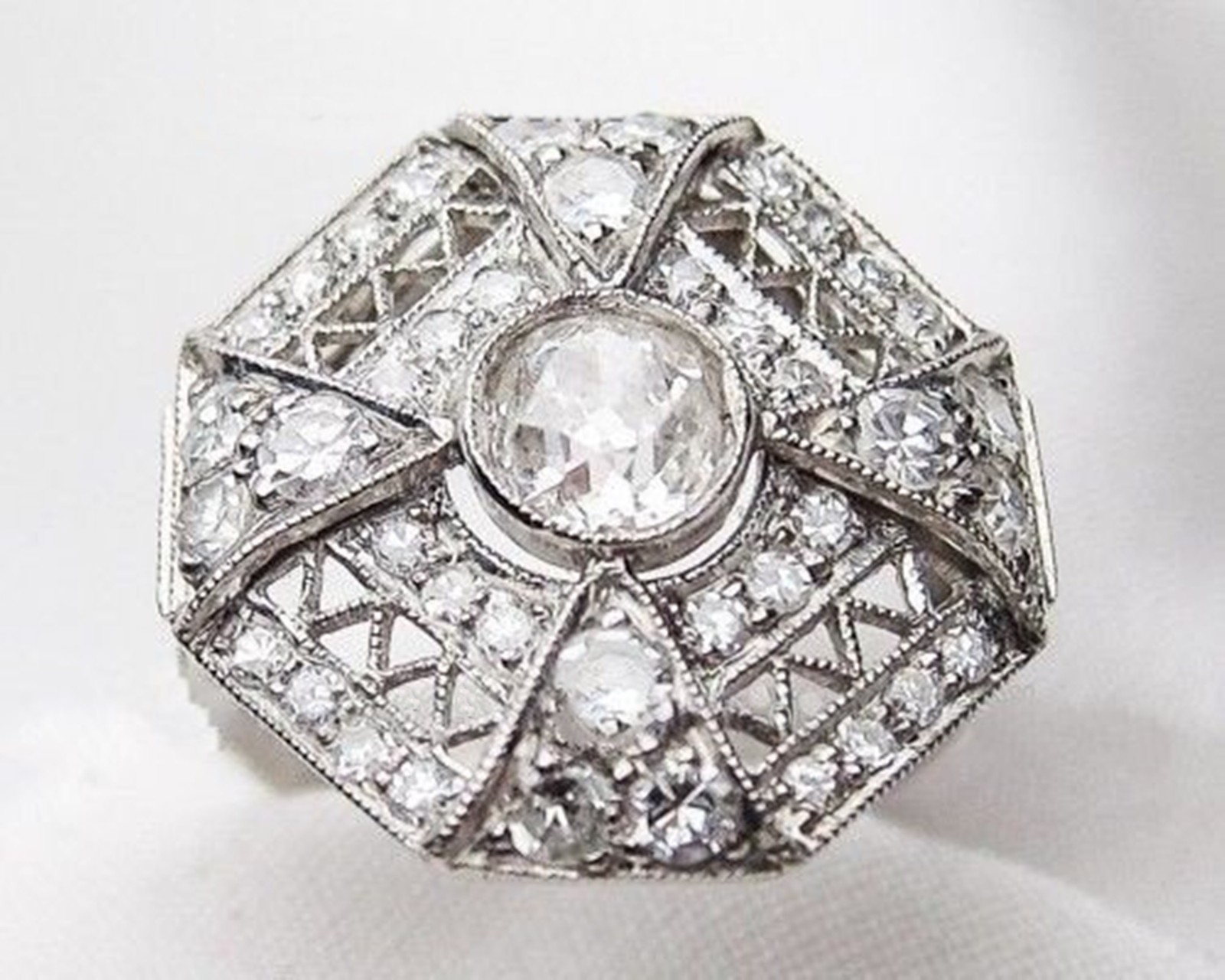 14K Gold Art Deco Old European Cut Lab Created Diamond Filigree Engagement Ring