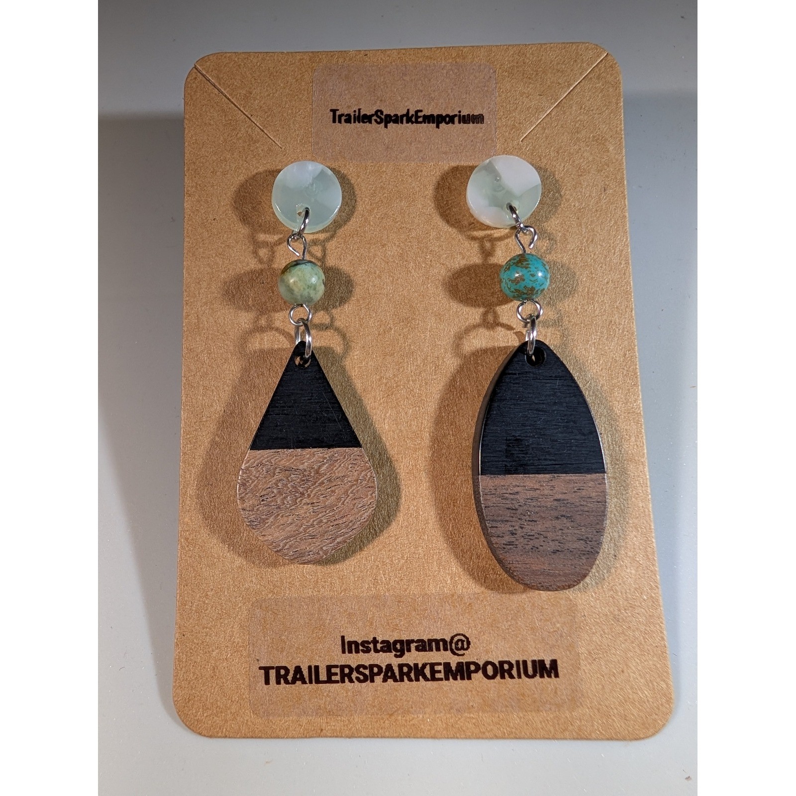 TrailerSparkEmporium Asymmetrical Wood Turquoise Dangle Earrings Nickel Free New