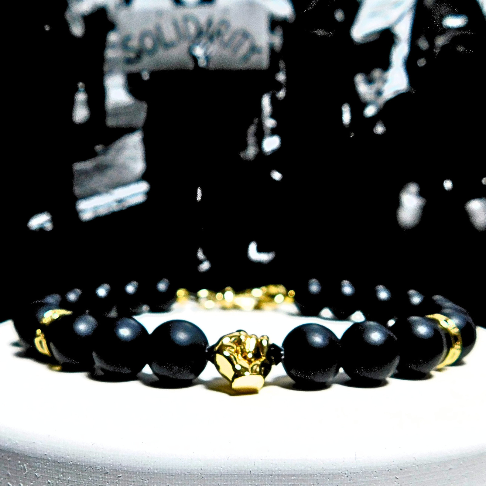 18K Yellow Gold Filled Matte Black Onyx Power Fist Bracelet Protest Jewelry Luxe