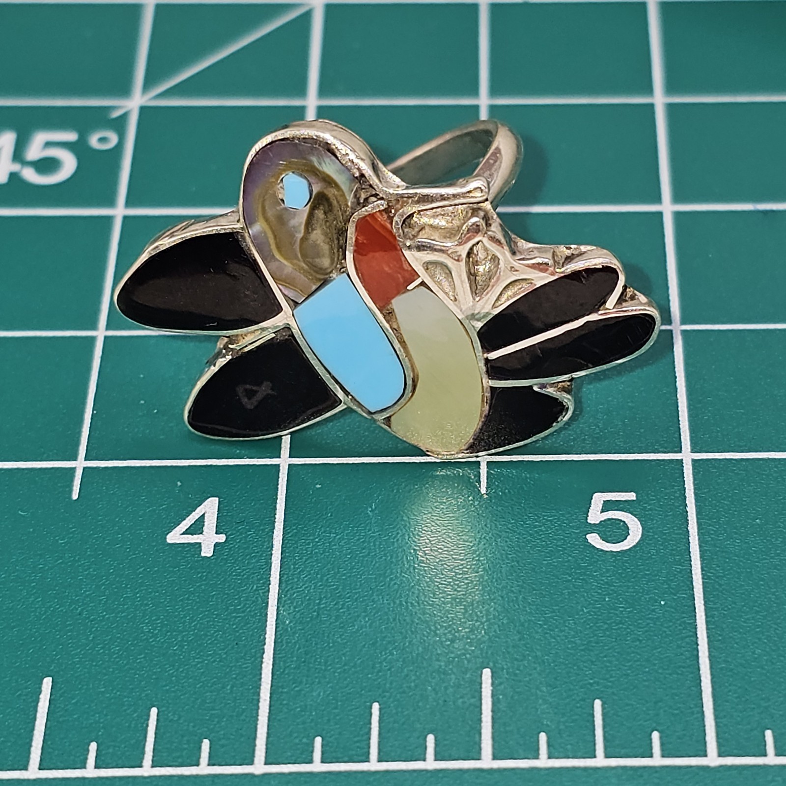 Native American ​Zuni Made Inlay Hummingbird Sterling Ring Multi Stone Size 7.75