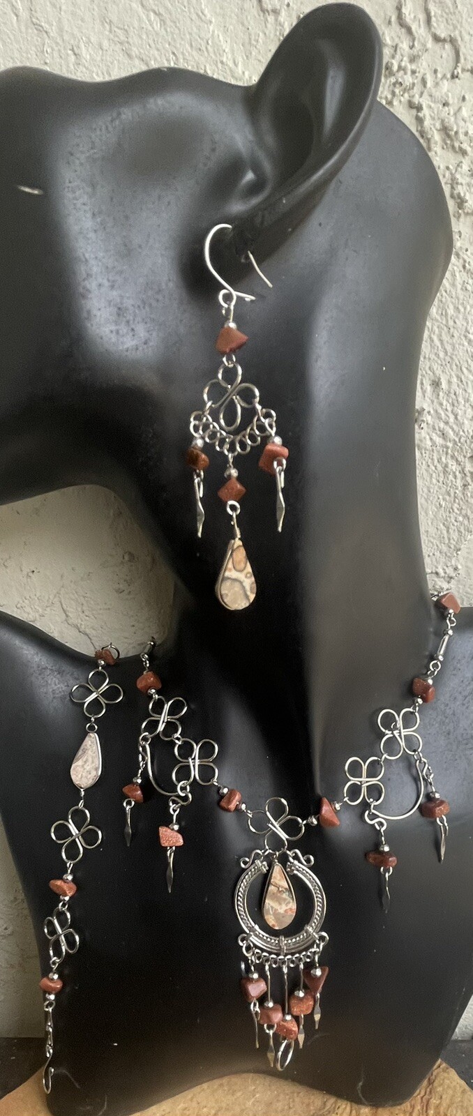 Peruvian LeoparditeSemi-Precious Stone Necklace Long Earrings Bracelet Set Peru