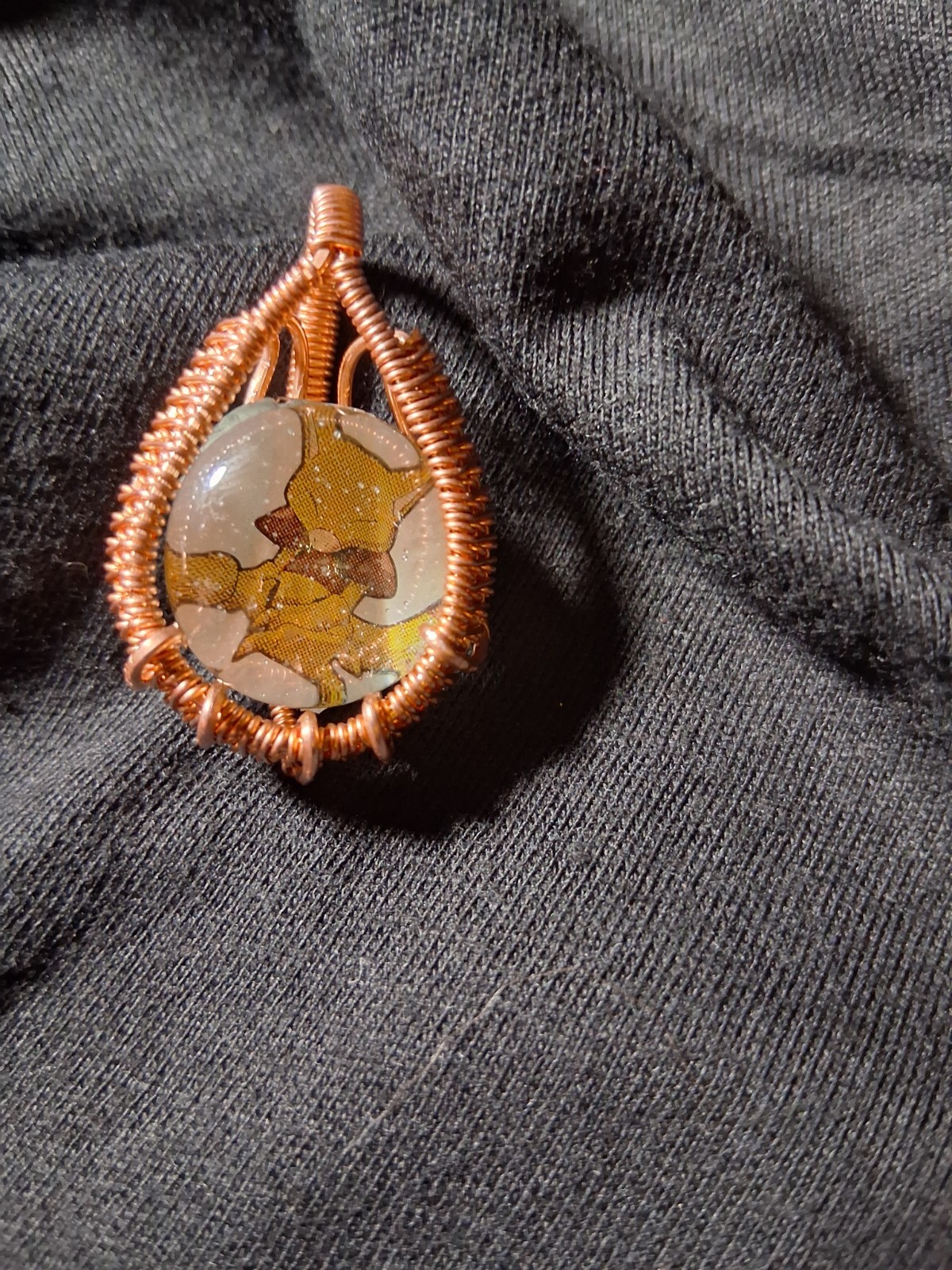 Handcrafted Copper Wire Wrapped Oval Pendant Cord Necklace Art