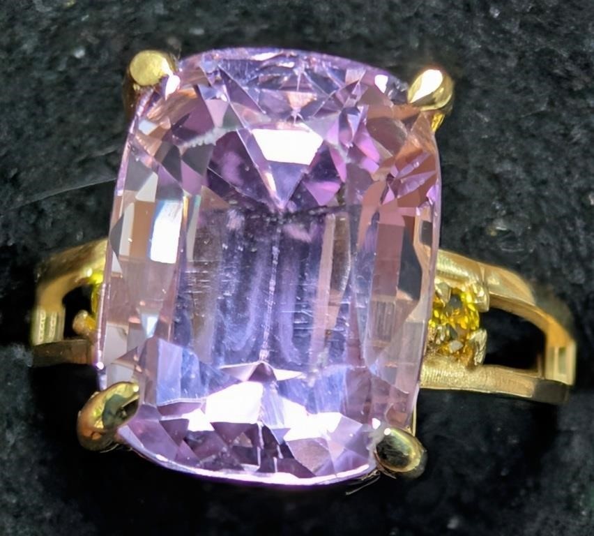 10K Yellow Gold Natural Kunzite 3.20ct Cushion Ring w/ Appraisal
