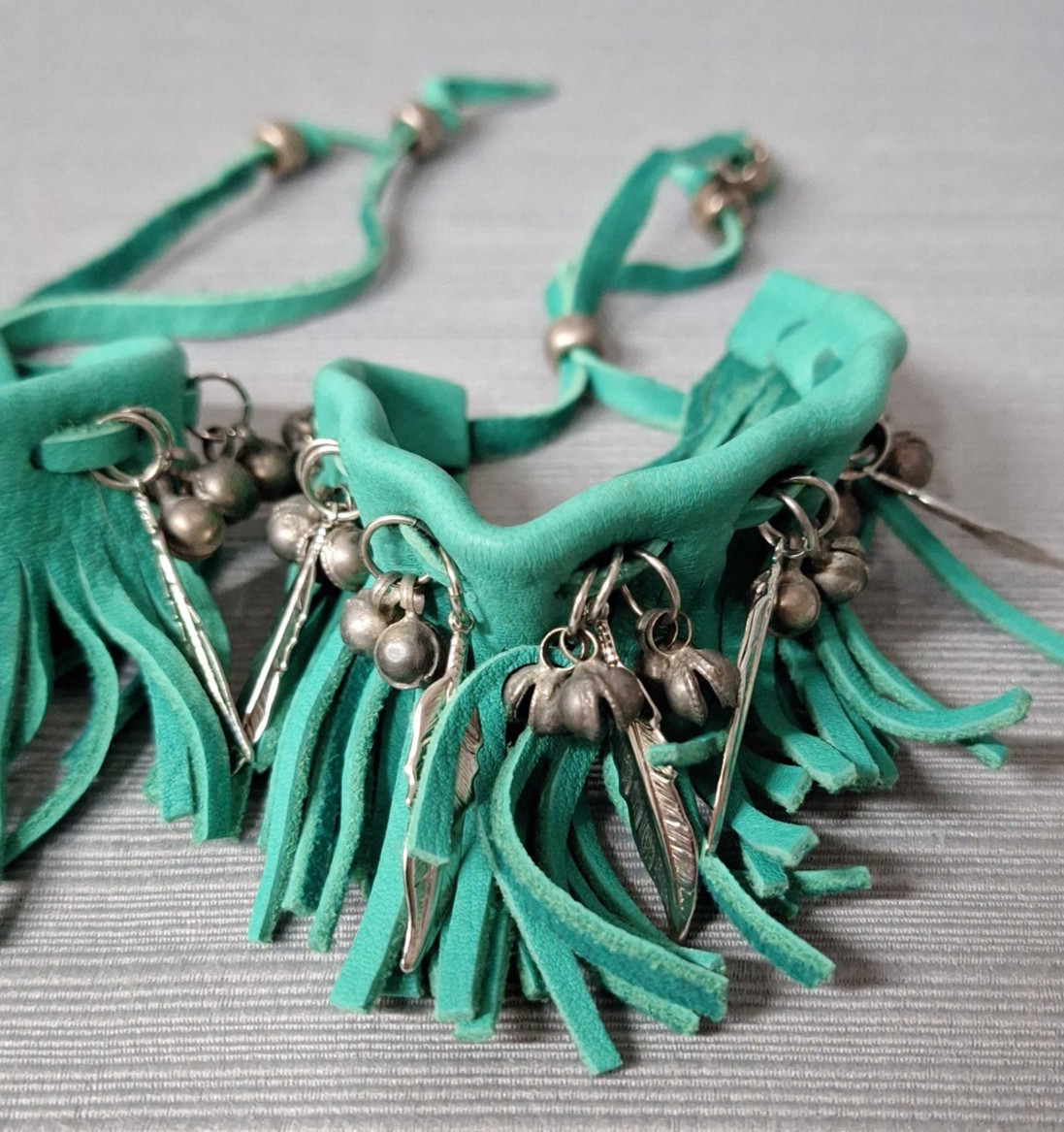 Pair of Faux Leather Bracelet Green Fringe Cuffs Bell Feather Bead Boho Festival
