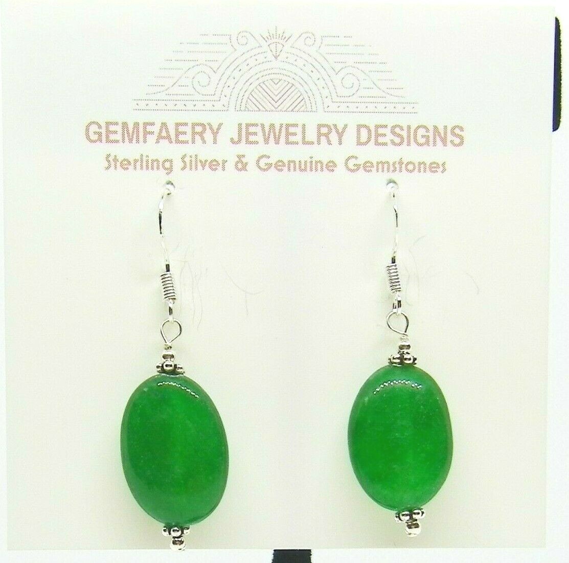 Sterling Silver Natural GREEN JADE Gemstone Dangle Earrings #2342…Handmade USA