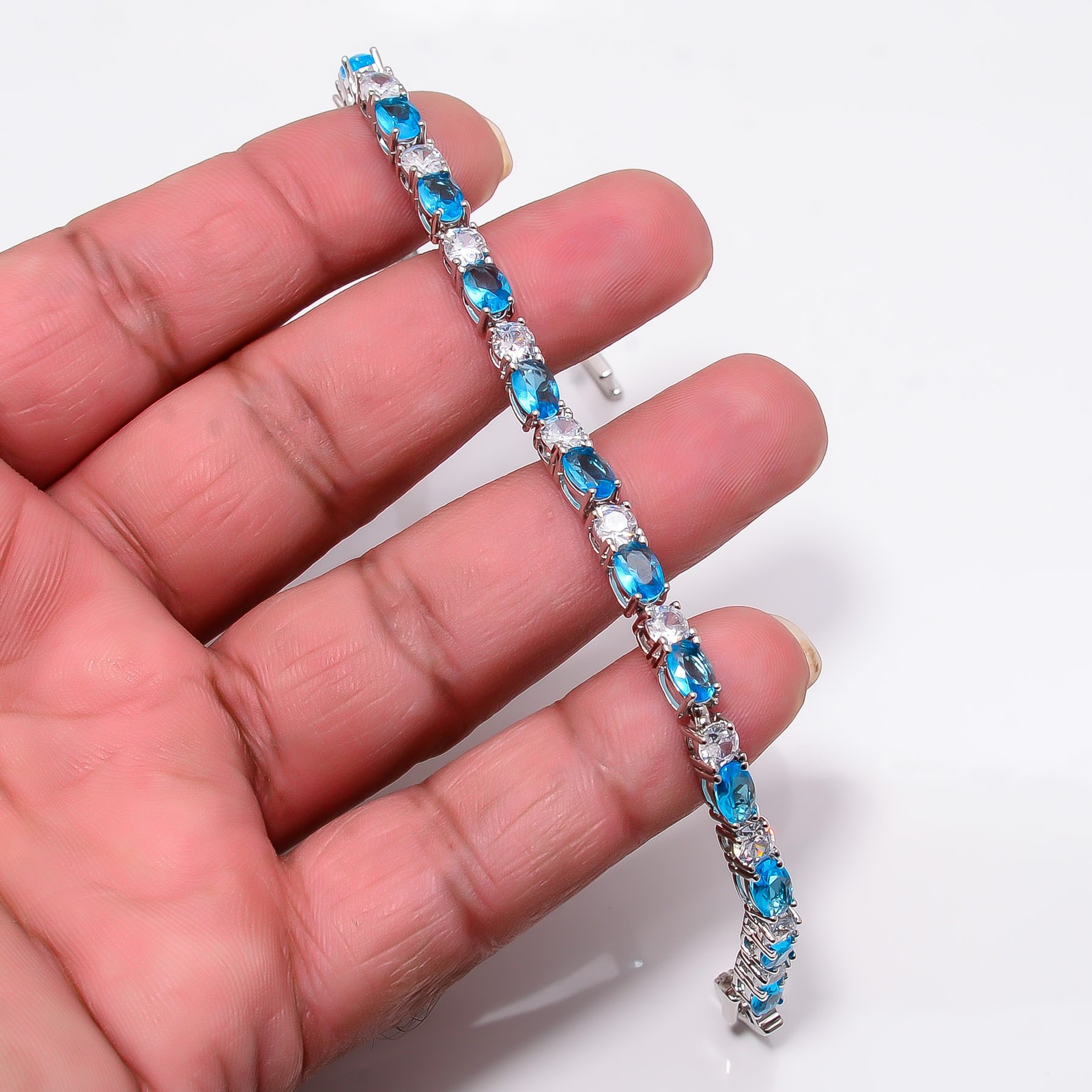 Blue Topaz, CZ 925 Sterling Silver Adjustable Bracelet 7-8″ B12804