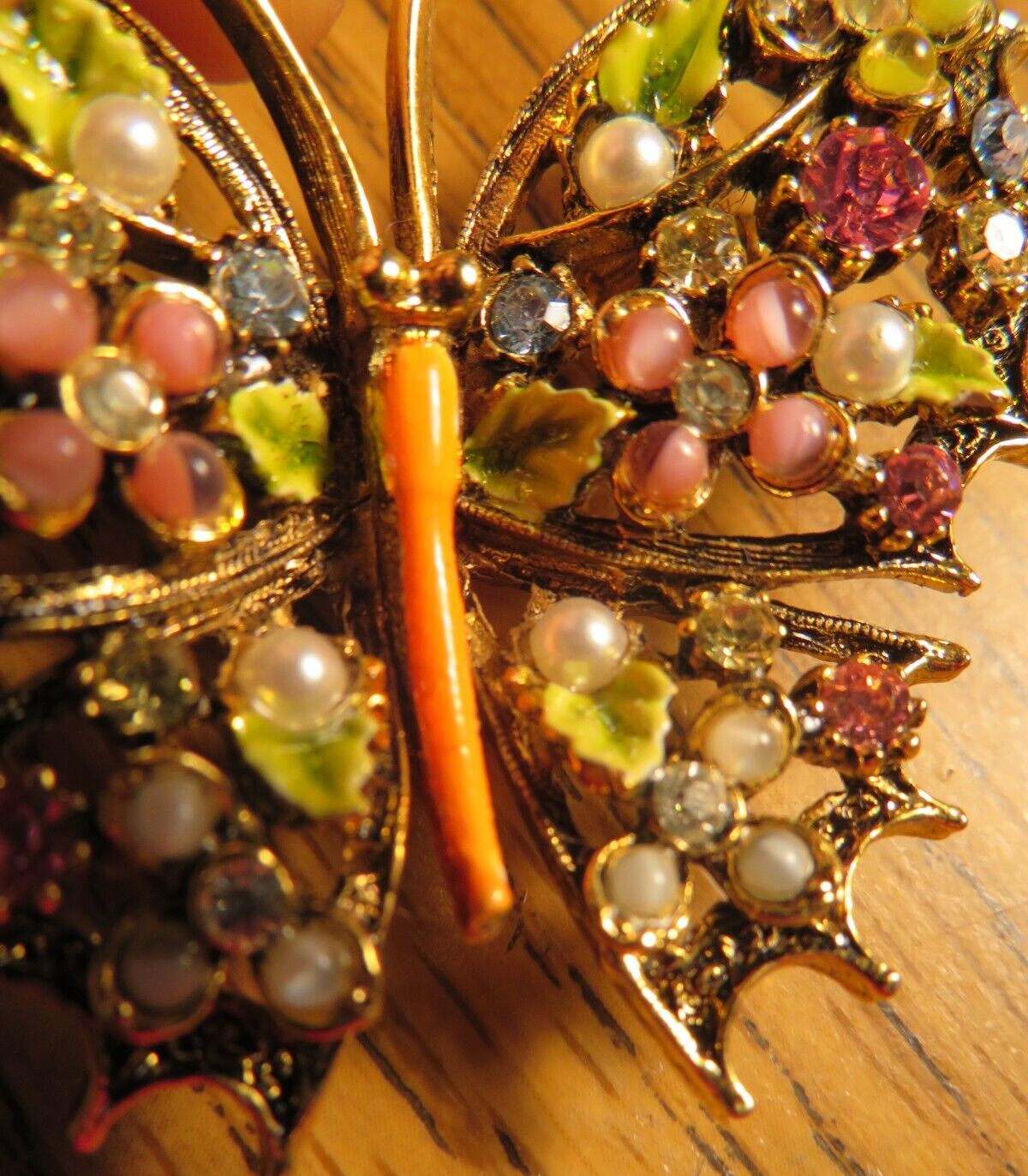 Vintage ART Arthur Pepper Butterfly Brooch Rhinestone Pearl Colorful Beauty