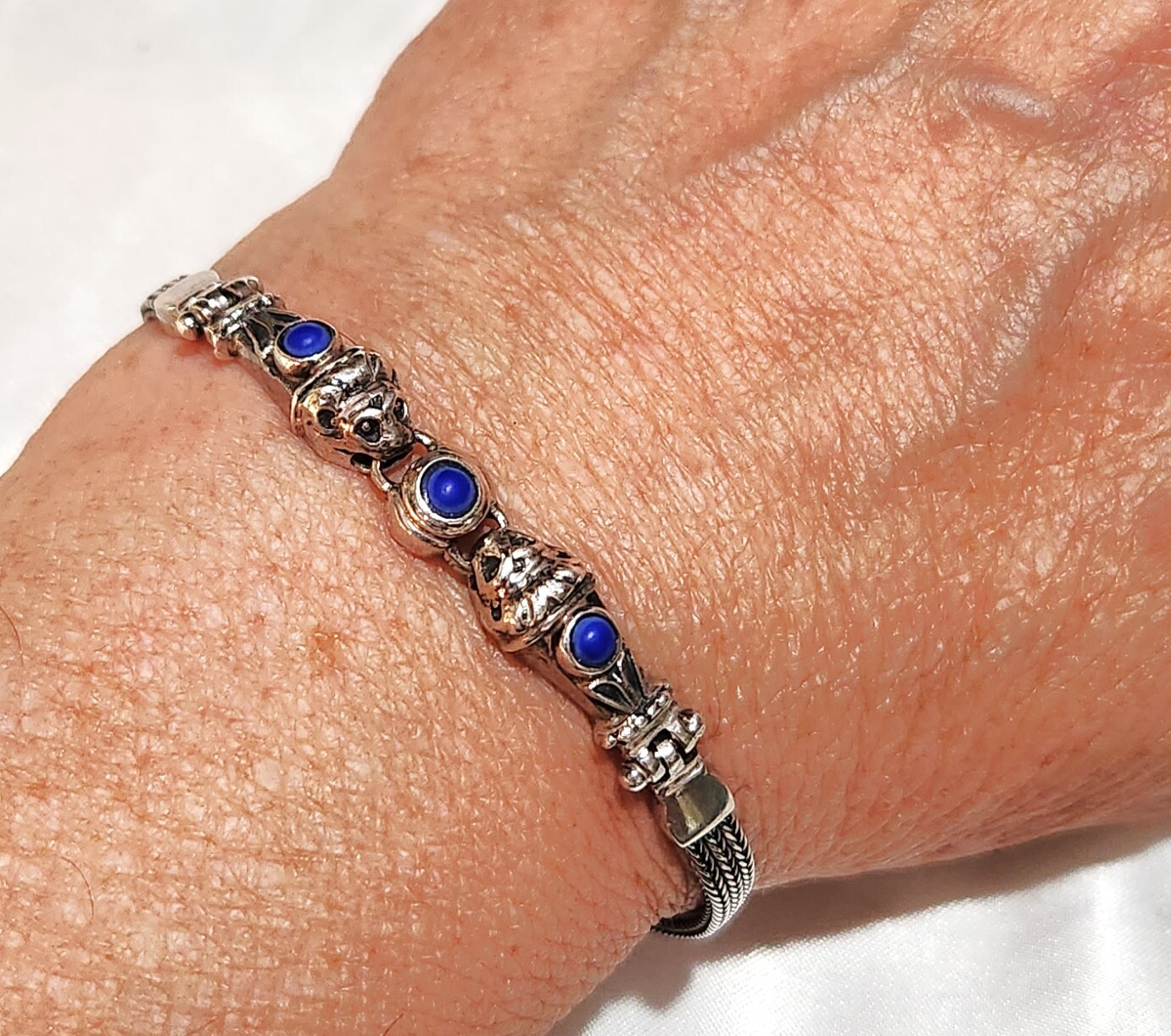 Sterling Silver Lapis Lazuli 3 Stone 4mm Wheat Chain 7 In Bracelet Signed OA 925