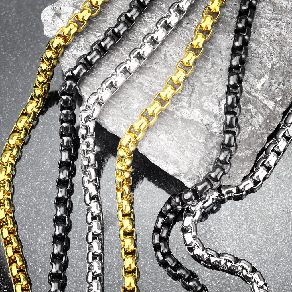 1- Gold PVD Stainless Steel Round Box Chain Necklaces 19.29″ (490mm) Length K317