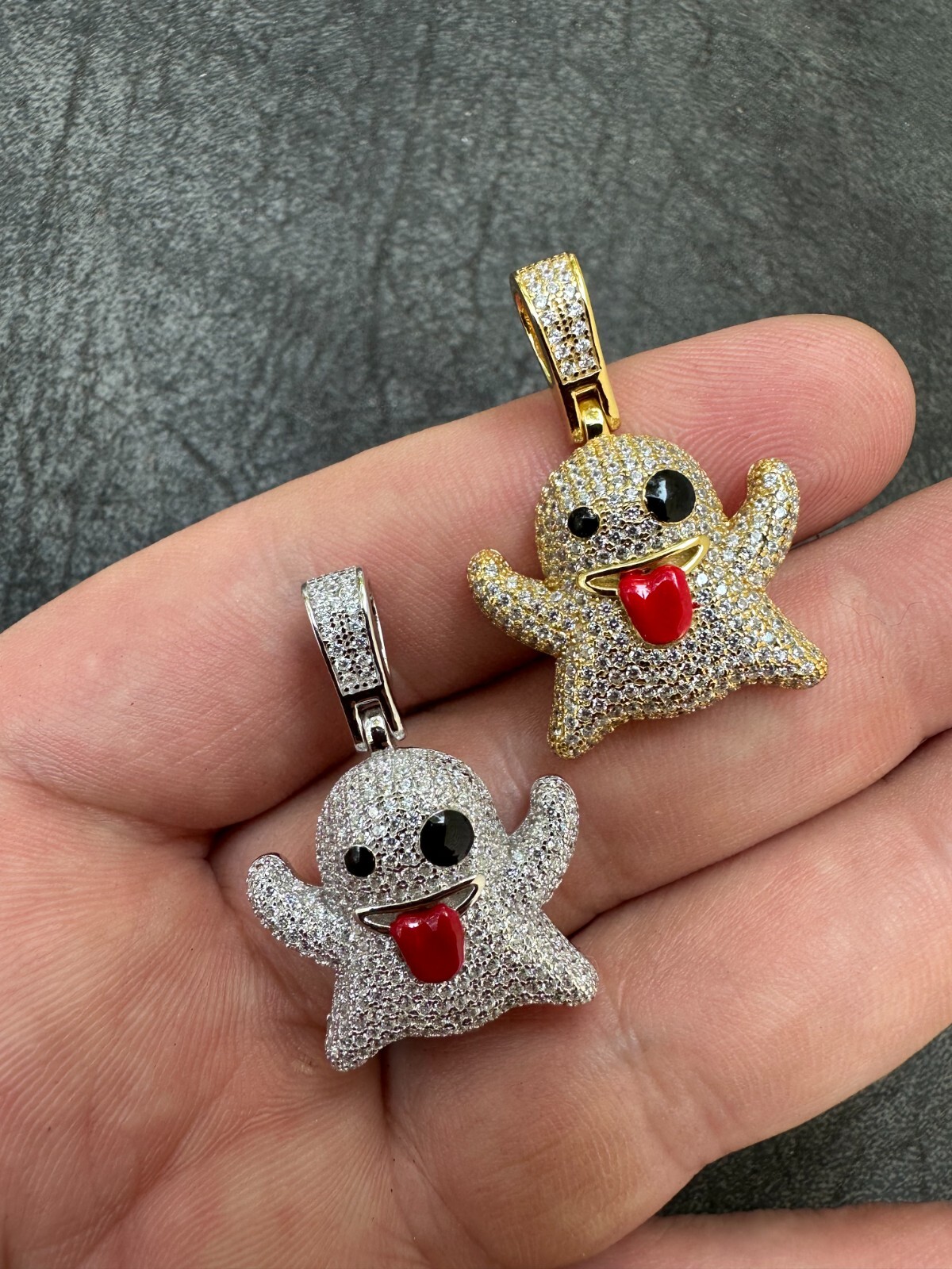 Real 925 Sterling Silver Gold Plated Snapchat Laughing Ghost Piece Pendant CZ