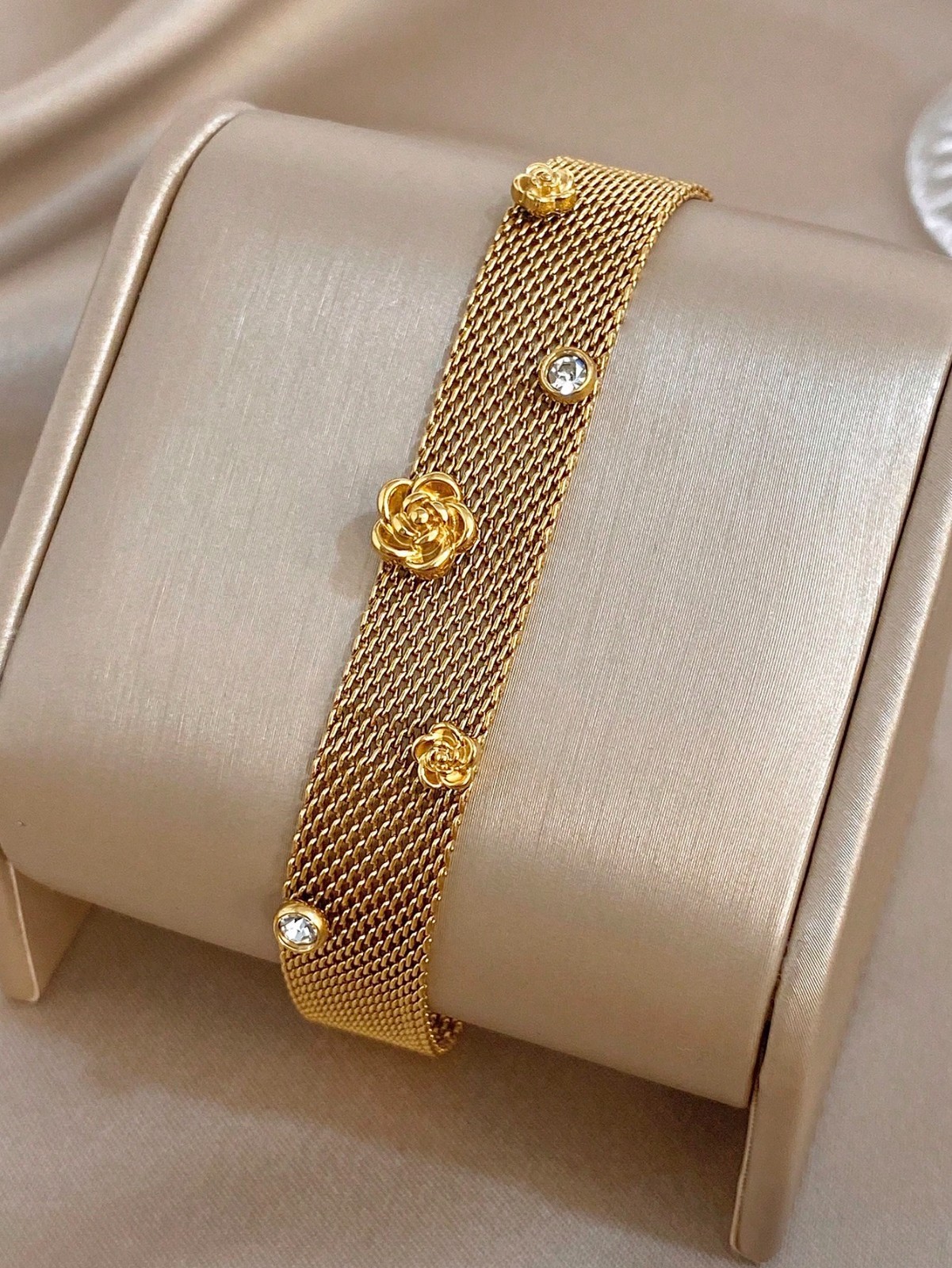 Gold Mesh Bracelet Rose Charm Crystal Accent Vintage Style Jewelry