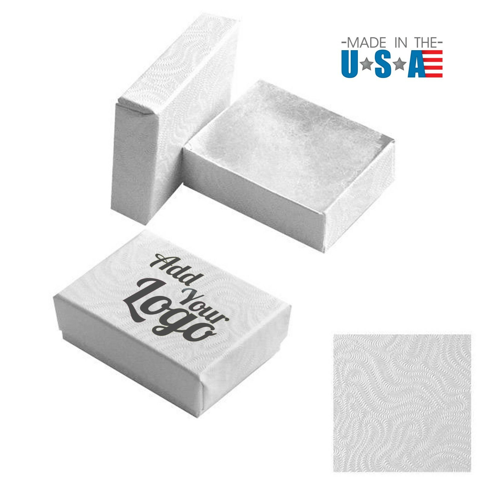 100 Add Your Logo Custom Printed White Swirl Cotton Filled Gift Boxes ~ 8 Sizes
