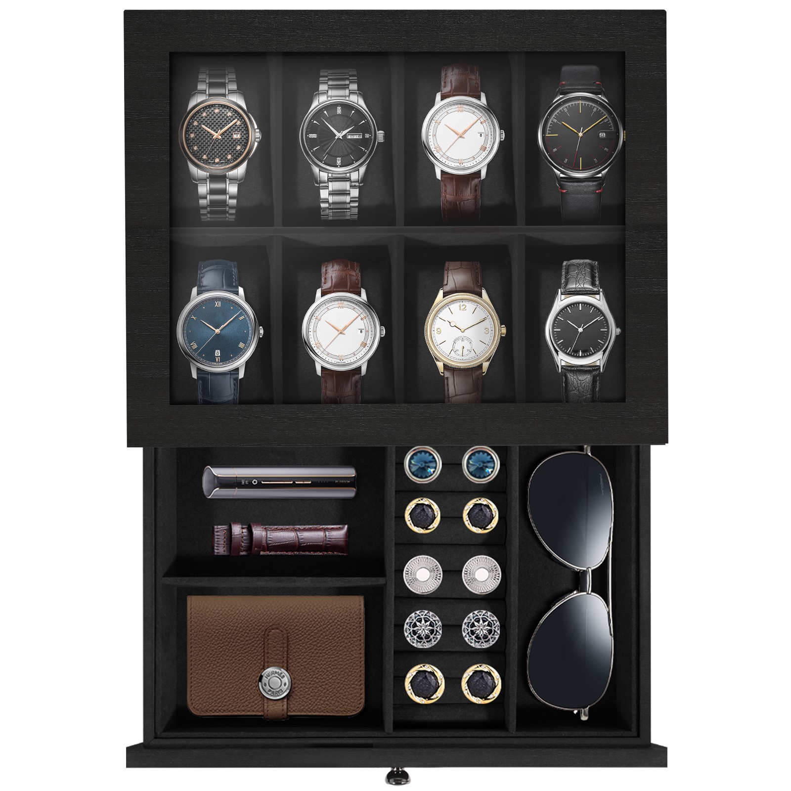 8 Slots Watch Box Solid Wood Watch Case Glass Lid Jewelry Storage Display Case