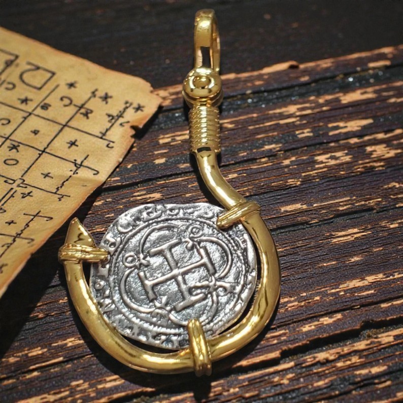 Atocha Fish Hook Silver Coin Pendant 14k Gold Overlay Shipwreck Certificate