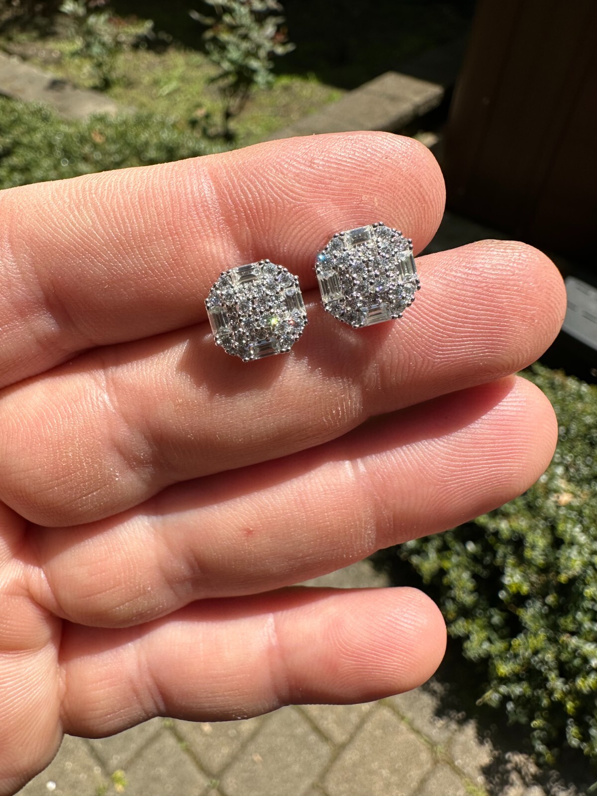 Screwback Earrings Real 14k Gold Plated 925 Silver CZ Baguette Iced Studs HipHop
