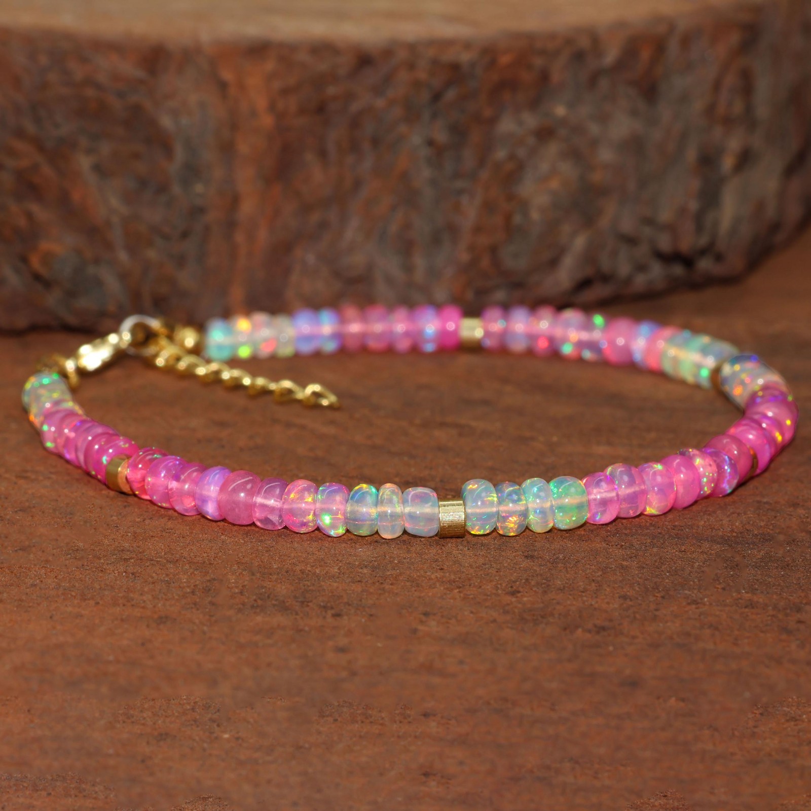 Pink Fire Opal Smooth Beads Silver Bracelet, Pink Opal Stone Gold Bracelet