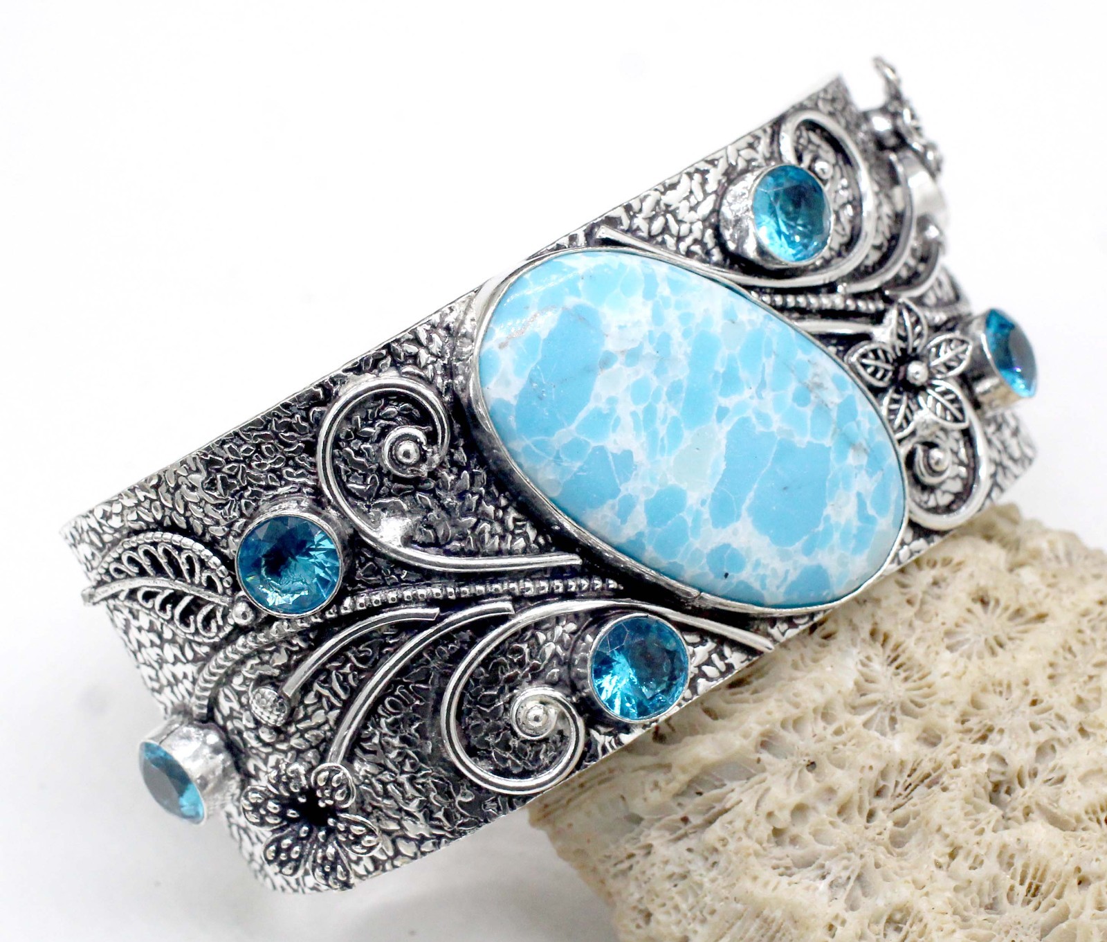 925 Sterling Silver Larimar & Topaz Gemstone Handmade Jewelry Cuff Bracelet