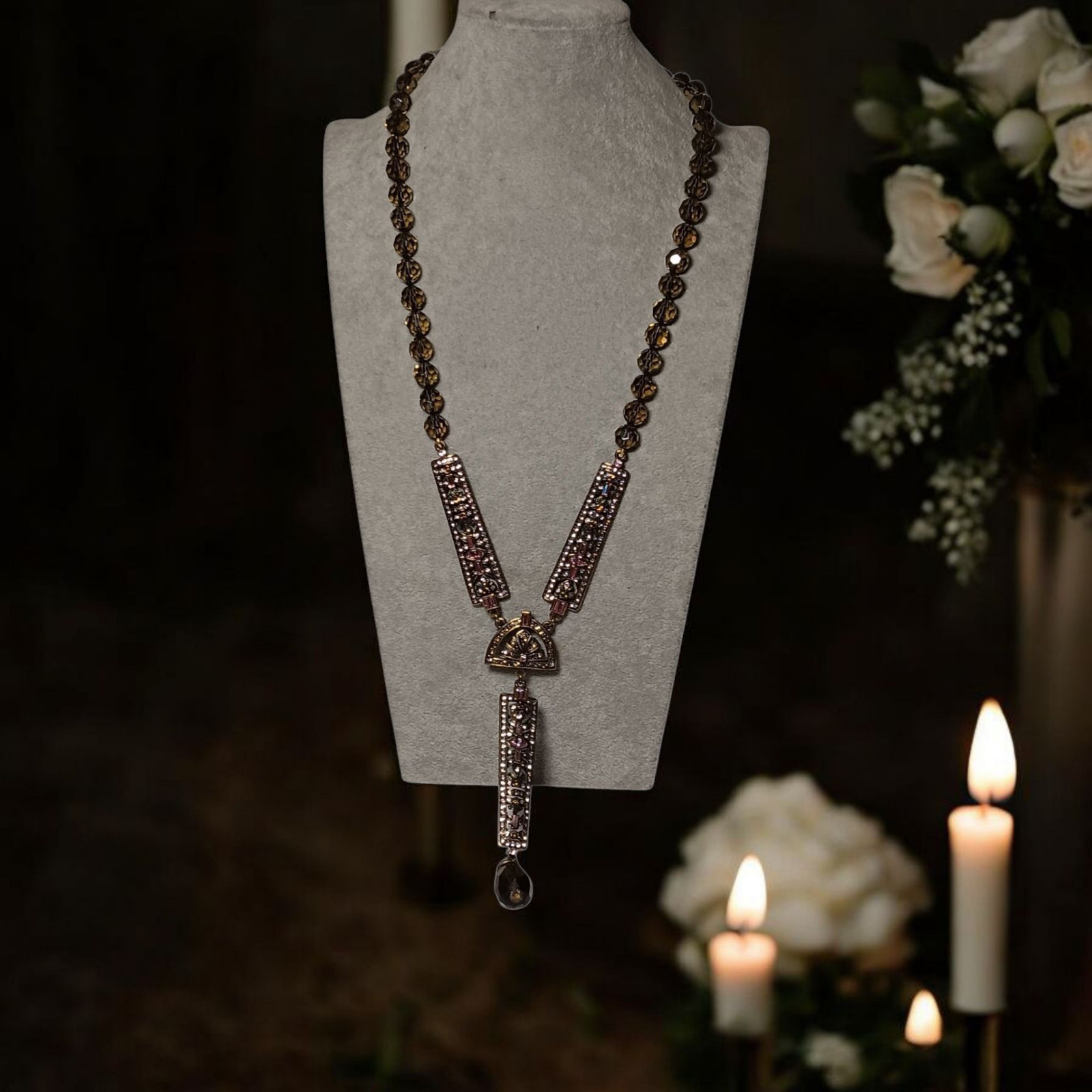 Heidi Daus Necklace Art Deco Rhinestone Aurora Borealis Beauty Long Y Drop