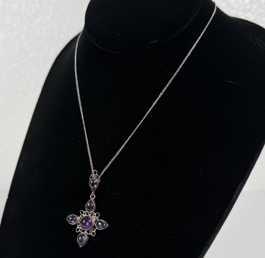 Amethyst Sterling Silver Cross Pendant 925 Crucifix Religious 18″ Necklace