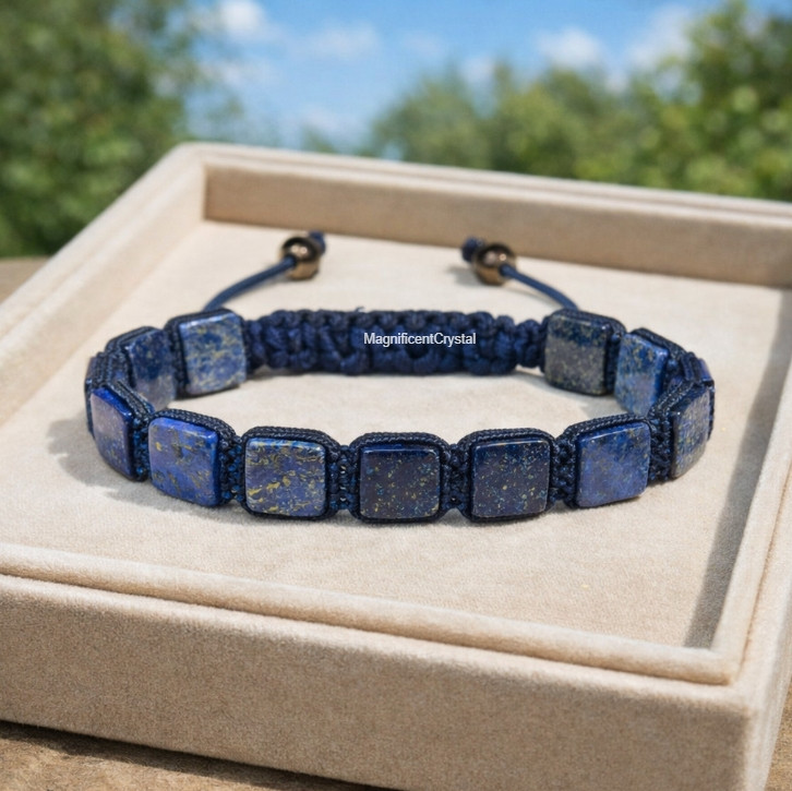 Natural Lapis Lazuli Square Bead Men Bracelet Blue Crystal Energy Healing Gift