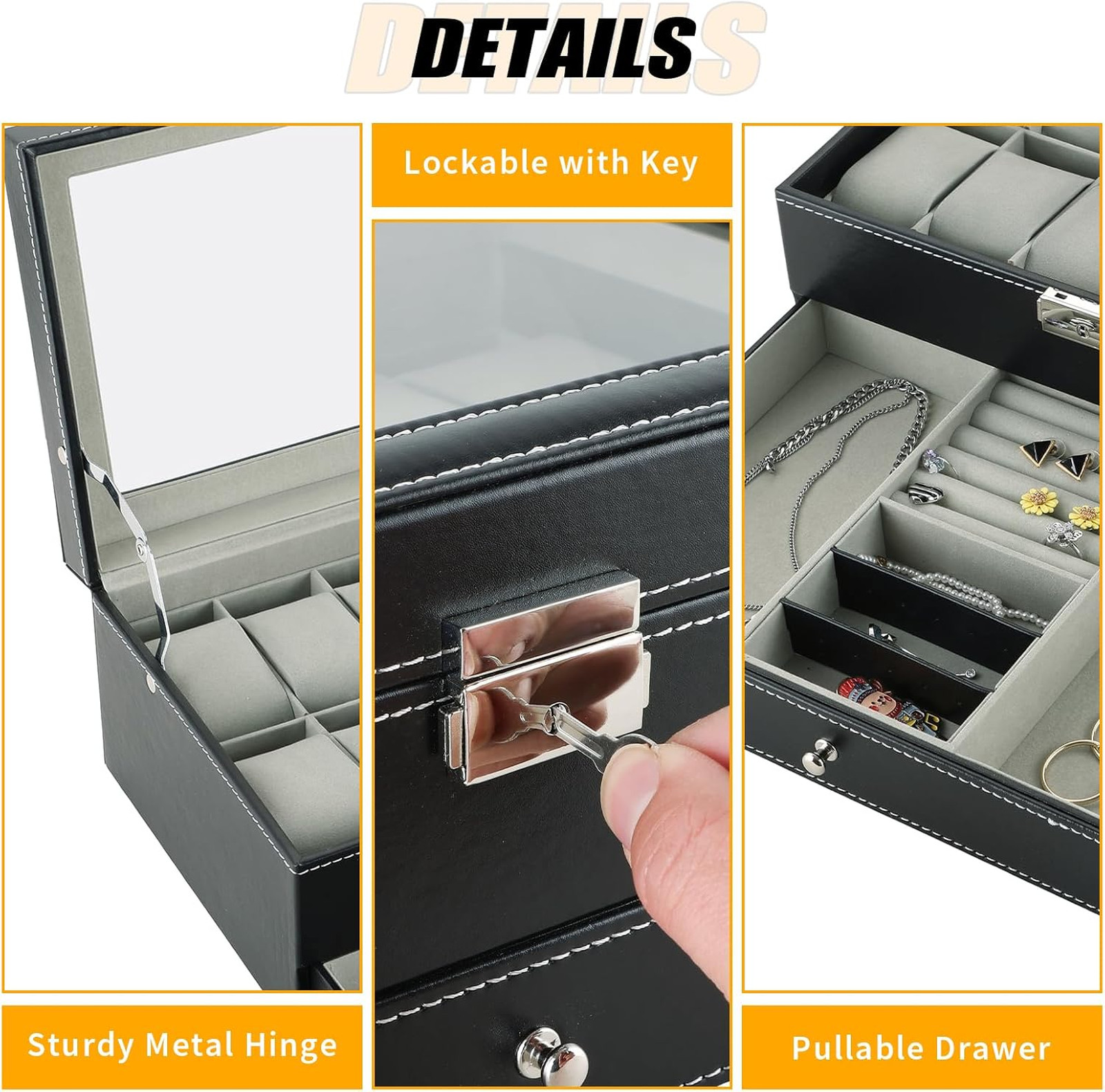 12 Slots Watch Case with Lockable Leather Jewelry Organizer for Women Men, Glass