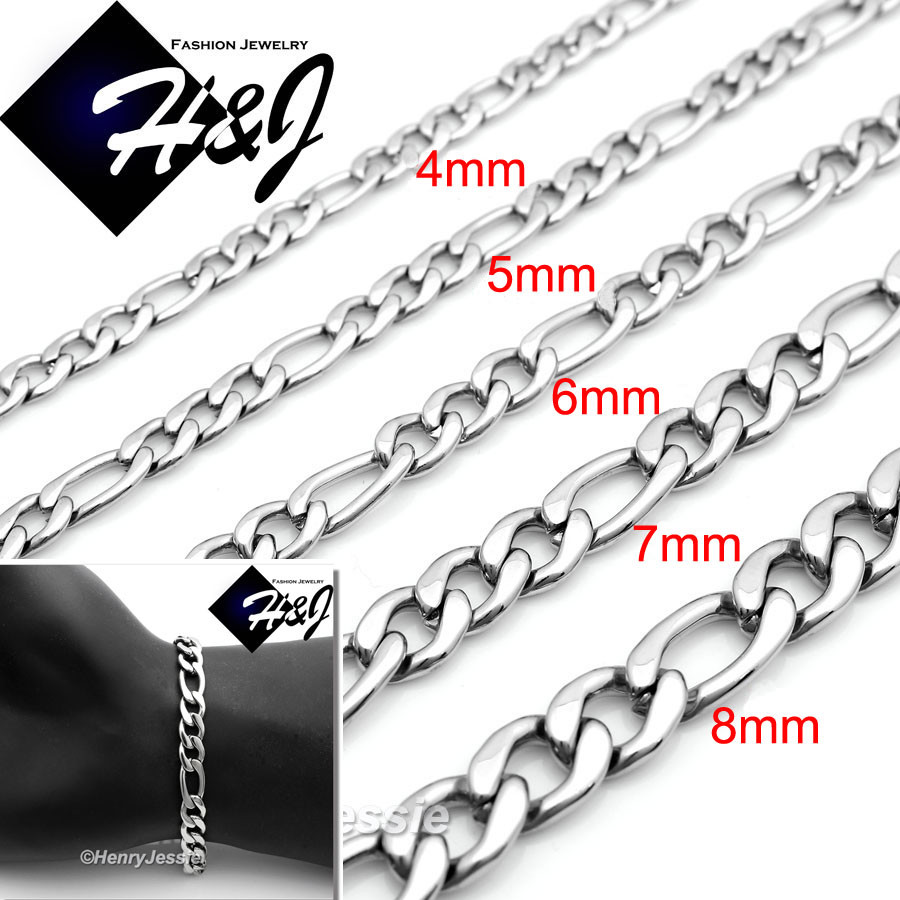 7″-11″MEN WOMEN Stainless Steel 4/5/6/7/8mm Silver Figaro Link Chain Bracelet