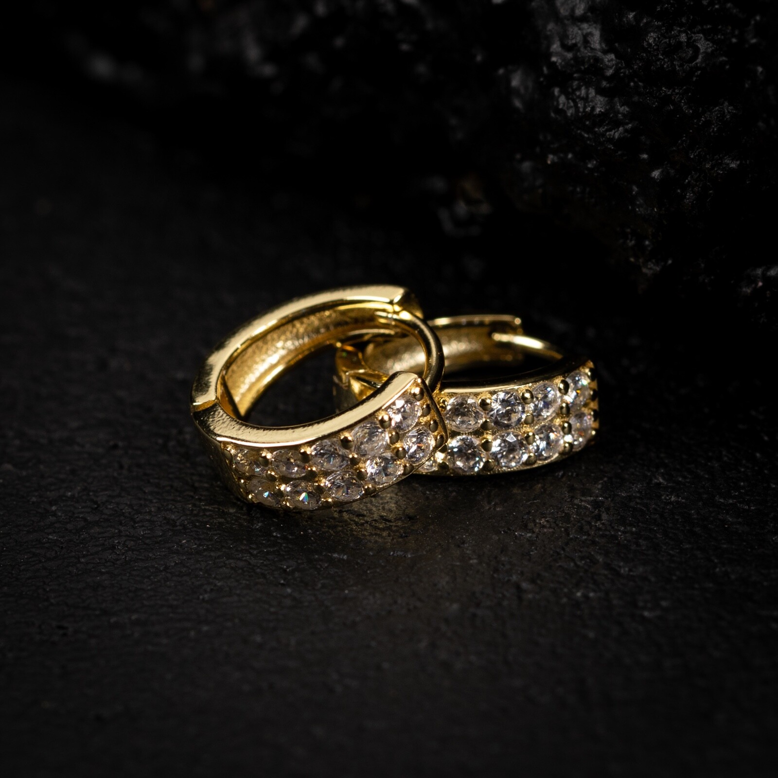 Men’s Iced Two Row Cz Yellow Gold Plated Sterling Silver Huggie Hoop Earrings